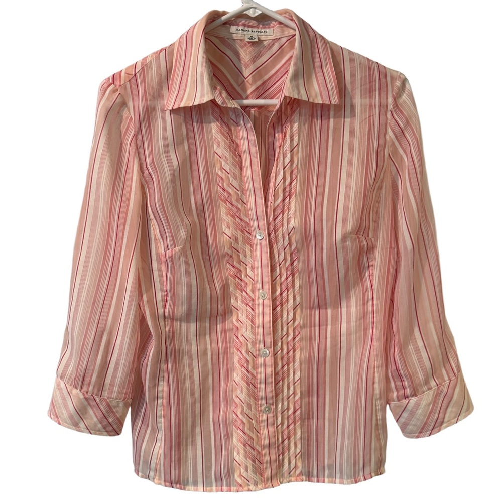 Banana Republic Sheer Pink Striped Tuxedo Front Button-Up Blouse